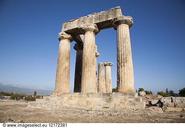 Europe  Greece  Peloponnese  ancient Corinth  archaeological site  Temple of Apollo.