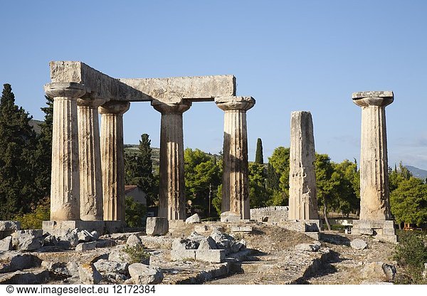 Europe  Greece  Peloponnese  ancient Corinth  archaeological site  Temple of Apollo.