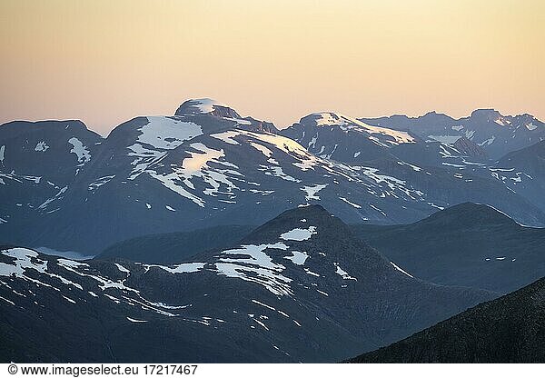 Evening atmosphere  glaciers and mountains in Jostedalsbreen National Park  view from the top of Skåla mountain  Breheimen mountain range  Stryn  Vestland  Norway