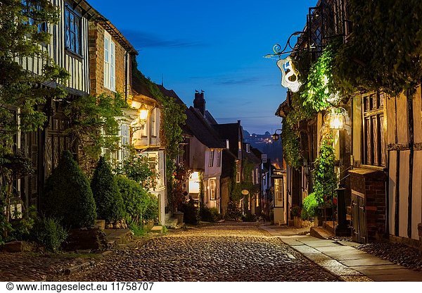 Evening on Mermaid Street in Rye  East Sussex  England.