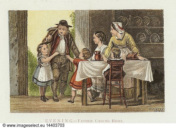 Evening" Father coming home. Agricultural labourer returning from work to family and evening meal eagerly greeted by 4 children . Cottage door opens directly into living room. Chromolithograph c1880.