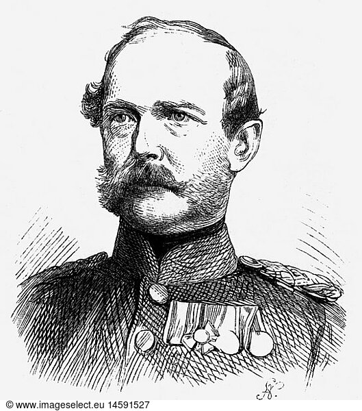 events  Austro-Prussian War  1866  Major von Gilsa  II Battalion  Prussian Infantry Regiment 26  killed in the Battle of Koeniggraetz on 3.7.1855  portrait  wood engraving after drawing by Ludwig Burger  1870  Austro Prussian  officer  officers  military  Prussia  nobility  19th century  historic  historical  moustache  mustache  moustaches  mustaches  Koeniggraetz  KÃ¶niggrÃ¤tz  Koniggratz  people