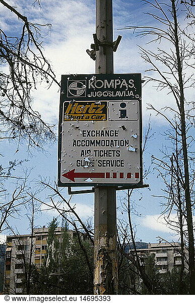 events  Bosnian War 1992 - 1995  Mostar  sign with bullet holes  1994  shot holes  Bosnia and Herzegovina  Yugoslavia  Yugoslav Wars  Balkans  conflict  1990s  90s  20th century  historic  historical