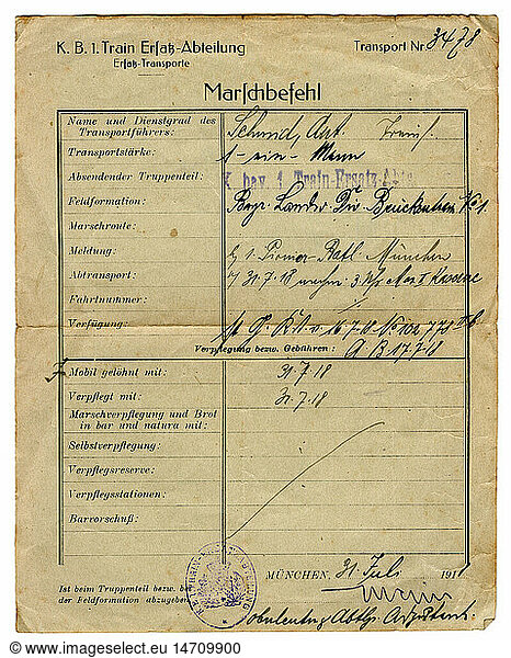 events  First World War / WWI  Germany  marching orders  Royal Bavarian 1st Train Replacement Detachment  Munich  issued on 31.7.1918