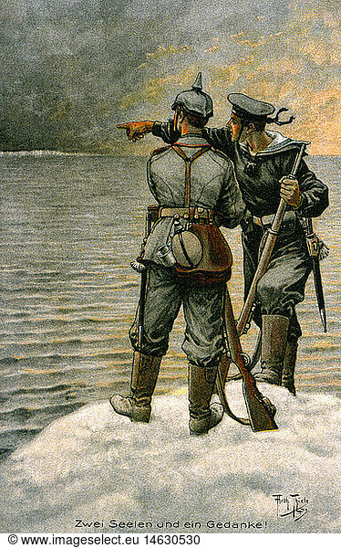 events  First World War/WWI  propaganda  Germany  soldier and sailor at the English Channel  postcard  drawing by Arthur Thiele  1914