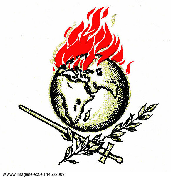 events  First World War / WWI  propaganda  symbol  20th century  globe  earth  burning  flames  flame  fire  sword  twig  symbols  historical  historic  1910s