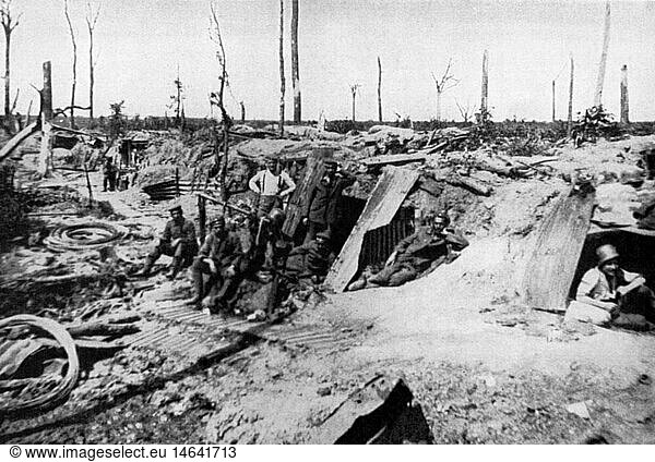 events  First World War / WWI  Western Front  German shelters in the Ploegsteert Forest near Ypres  Belgium  circa 1917