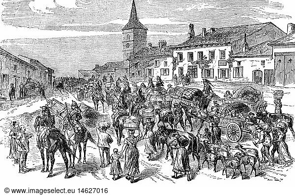 events  Franco-Prussian War 1870 - 1871  refugees  peasants from Alsace fleeing after the Battle of Woerth  6.8.1870  contemporary wood engraving  civilists  population  familie  horse carriage  flight  misery  France  19th century  Franco - Prussian  historic  historical  people