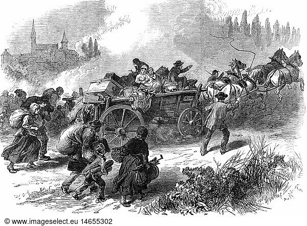 events  Franco-Prussian War 1870 - 1871  refugees  population of Forbach fleeing after the Battle of Spichern  6.8.1870  contemporary wood engraving  civilists  familie  horse carriage  flight  misery  Lorraine  France  19th century  Franco - Prussian  historic  historical  people