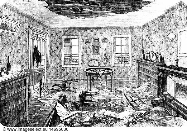 events  Franco-Prussian War 1870 - 1871  Siege of Paris  19.9.1870 - 28.1.1871  bombardement  destruction in the third floor of a dwelling after being hit by a shell  contemporary wood engraving  artillery  devastation  shelling  house  misery  France  Franco - Prussian  historic  historical  19th century