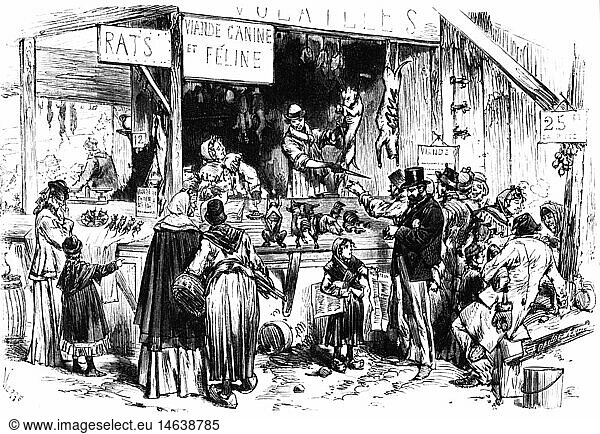 events  Franco-Prussian War 1870 - 1871  Siege of Paris  19.9.1870 - 28.1.1871  dogs  cats and rats are sold on the market of Saint Germain  wood engraving  late 19th century  hunger  starvation  misery  civilists  trade  food shortage  France  Franco - Prussian  historic  historical  people