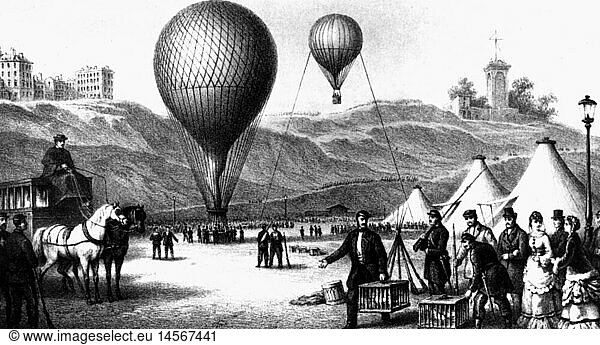 events  Franco-Prussian War 1870 - 1871  Siege of Paris 19.9.1870 - 28.1.1871  German soldiers chasing a French balloon  contemporary wood engraving after drawing by G. Rechlin  aviation  balloon  military  mail  signals  Prussians  hussars  cavalry  chase  France  Germany  Franco - Prussian  19th century  historic  historical  people