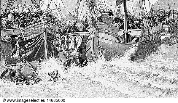 events  Hundred Years' War  1337 - 1453  naval Battle of Sluys  24.6.1340  wood engraving after a drawing by Marold  19th century  historic  historical  fight  fighting  engagement  battle scene  Middle Ages  14th century  warriors  soldiers  fighters  historic  historical  England  France  ship  ships  Years  medieval  people