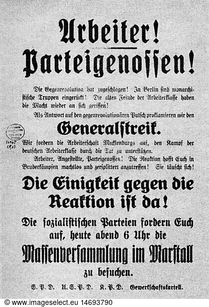 events  Kapp-Luettwitz Putsch 13.- 17.5.1920  appeal of the united Left (USPD  KPD  SPD) for general strike  Berlin  14.5.1920  Luettwitz  coup attemt  politics  Weimar Republik  1920s  20s  20th century  historic  historical  LÃ¼ttwitz  Kapp-LÃ¼ttwitz
