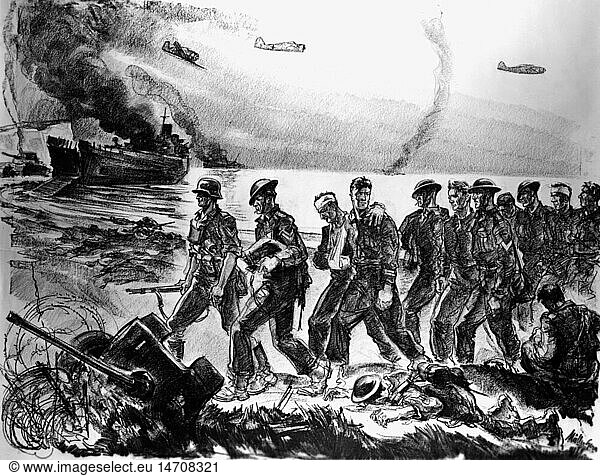 events  Second World War / WWII  France  Dieppe  19.8.1942  captured Canadian soldiers at the beach  destroyed landing craft in the background  propaganda drawing