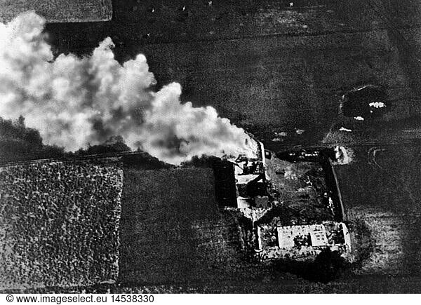 events  Second World War / WWII  Russia  aerial warfare  aerial photography of a burning grange  Eastern Front  circa 1942