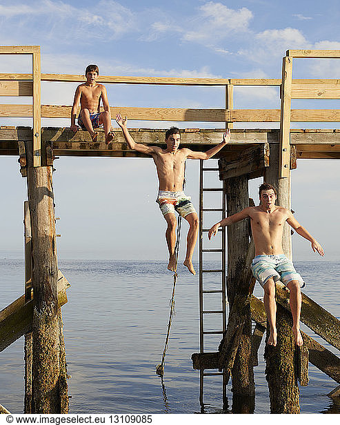 Excited brothers diving into sea from pier