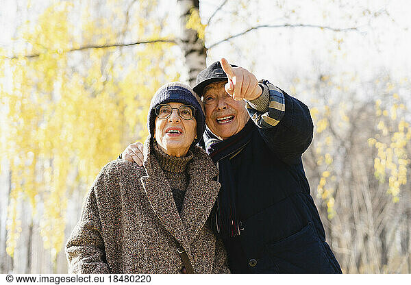 Excited senior man pointing by woman at park