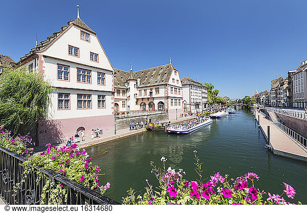 Excursion boats on River Ill  Historical Museum  Strasbourg  Alsace  France  Europe