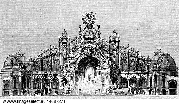 exhibitions  world exposition  Expostion Universelle  Paris  15.4.1900 - 12.11.1900  Electricity palace  exterior view  wood engraving by Richard Bong  1900  exhibition  France  architecture  hall  illumination  19th century  historic  historical  Europe  people  1900s
