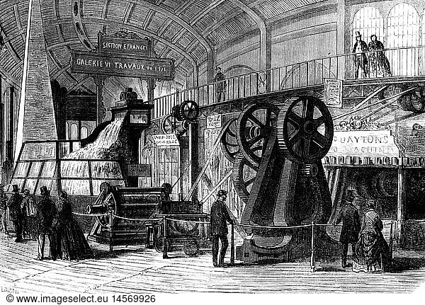 exhibitions  world exposition  Paris  1.4.1867 - 31.12.1867  British machines  wood engraving after drawing by Gaildrau  1867  Exposition Universelle  Expo  international exhibition  technics  machine  industry  Great Britiain  people  visitors  France  2nd Empire  19th century  historic  historical