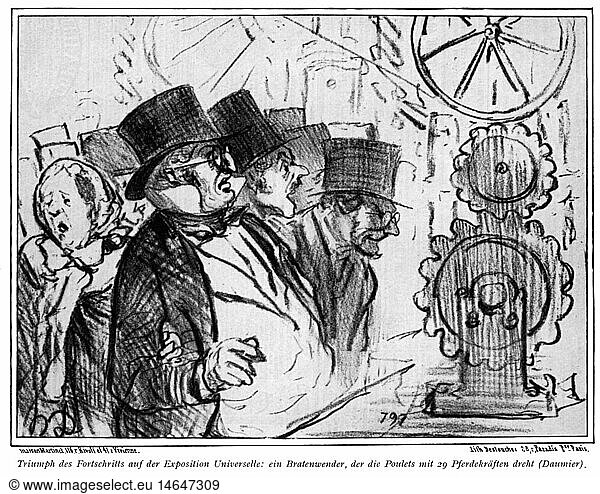 exhibitions  world exposition  Paris  1.4.1867 - 31.12.1867  caricature  turnspit  drawing by Honore Daumier  1867  19th century  Exposition Universelle  Expo  international France  2nd Empire  historic  historical  technics  people  visitors