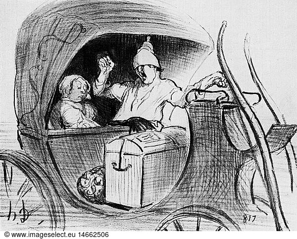exhibitions  world exposition  Paris  1.4.1867 - 31.12.1867  caricature  visitors sleeping in a carriage  drawing by Honore Daumier  1867  19th century  Exposition Universelle  Expo  international France  2nd Empire  historic  historical  people