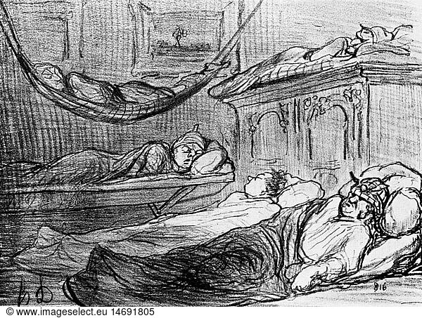 exhibitions  world exposition  Paris  1.4.1867 - 31.12.1867  caricature  visitors sleeping in a growded appeartement  drawing by Honore Daumier  1867  19th century  Exposition Universelle  Expo  international France  2nd Empire  historic  historical  people