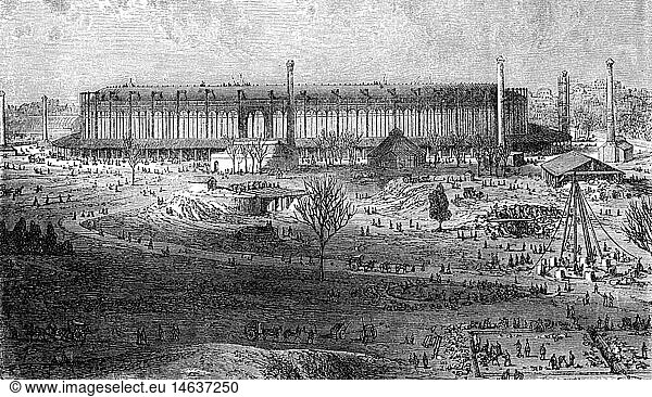 exhibitions  world exposition  Paris  1.4.1867 - 31.12.1867  preparations  construction of the park  Champ de Mars  wood engraving  1867  Exposition Universelle  Expo  international Exhibition  construction work  palace  France  2nd Empire  19th century  historic  historical  people