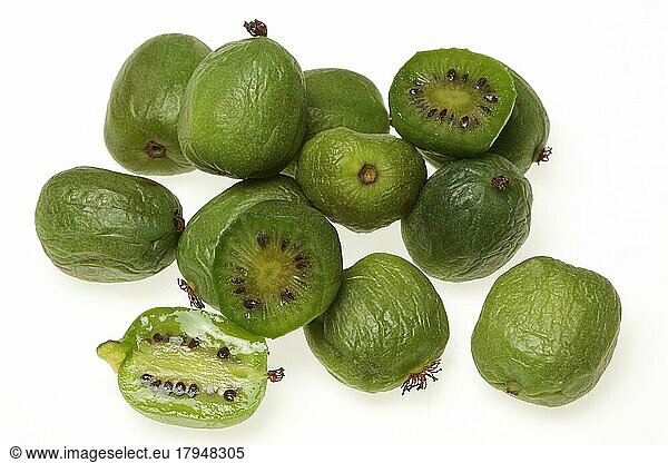 Exotic fruits: hardy kiwi (Actinidia arguta)  also called kiwi berry  honeyberry  kokuwa  kiwai or small-fruited kiwi  is a species of plant in the rayberry family  exotic fruits