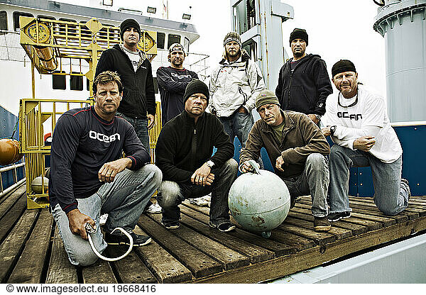 Expedition Great White crew on board in the Pacific Ocean.