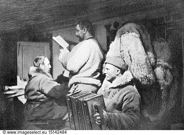 expedition  polar expedition  Fram expedition 1893 - 1896  Fridtjof Nansen playing accordion  from: Fridtjof Nansen  'In Nacht und Eis'  volume I  Leipzig  1897  19th century  expedition report  report  reports  travel  travels  research  discovery  discoveries  participant  participants  members  member  crew  crews  leisure time  free time  spare time  entertainment  entertainments  musical instrument  instrument  musical instruments  instruments  make music  play music  making music  playing music  makes music  plays music  made music  played music  half length  sitting  sit  standing  reading  read  squeezebox  pastime  pastimes  polar expedition  polar expeditions  piano accordion  piano accordions  playing  play  historic  historical  man  men  male  people  arctic  North Pole  North Polar Sea  Arctic Ocean  North Pole territory  Arctic region