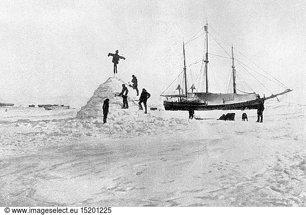 expedition  polar expedition  Fram expedition 1893 - 1896  observatory of Sigurd Scott-Hansen  from: Fridtjof Nansen  'In Nacht und Eis'  volume I  Leipzig  1897  19th century  expedition report  report  reports  travel  travels  research  discovery  discoveries  participant  participants  members  member  crew  crews  half length  standing  snow  ice  plain  plains  hill  hills  research ship  sailing ship  sailing ships  Fram  science  sciences  meteorology  weather  weathers  windjammer  ship  ships  navigation  water transport  shipping  transport  transportation  polar expedition  polar expeditions  observatory  observatories  historic  historical  man  men  male  people  arctic  North Pole  North Polar Sea  Arctic Ocean  North Pole territory  Arctic region