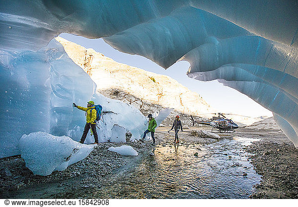 Explorers enter a glacial cave near Vancouver  B.C.