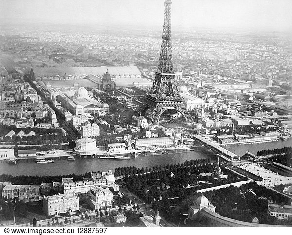 EXPOSITION UNIVERSELLE. Aerial view of Paris  France taken by balloon during the 1889 Exposition Universelle. Photograph  1889.