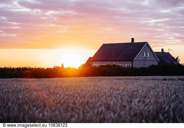 Exterior of house on field against cloudy sky during sunset