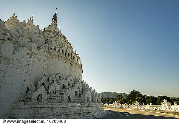 Exterior of white Hsinbyume Pagoda against clear sky  Mingun  Mandalay  Myanmar