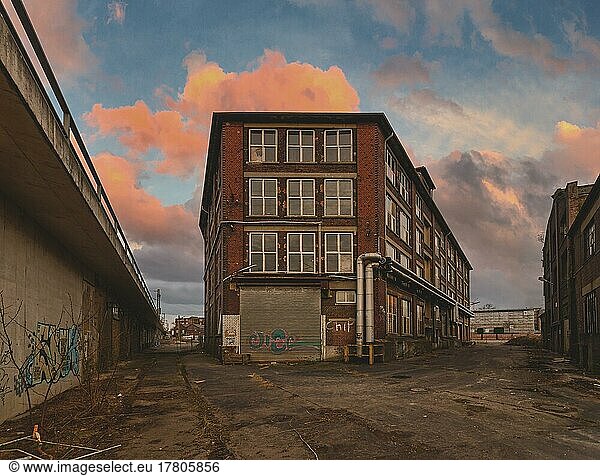 Exterior view at sunset  Abandoned warehouse  KHD  Cologne  North Rhine-Westphalia  Germany  Europe