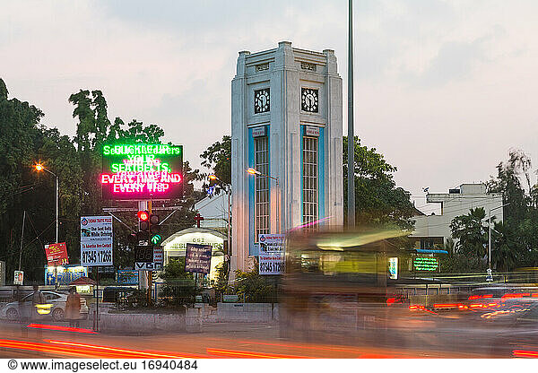 Exterior view of Art Deco Clock tower at Mint Junction  by Express Avenue Mall  in central Chennai  Chennai  India.