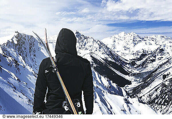 Extreme Ski Concept Person With Skis In Snowy Mountain Wilderness