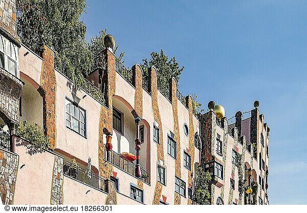 Facade of the architectural work of art Grüne Zitadelle  Hundertwasser-Haus  Magdeburg  Saxony-Anhalt  Germany  Europe