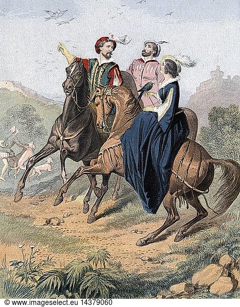 Falconry: artist"s impression of late 16th century party out hawking. Woman  with falcon is riding side-saddle. Mid-19th century chromolithograph.