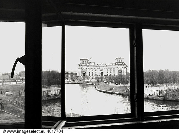 Fall of the Berlin Wall  view of the Reichstag Building from a former border guard watchtower  March 1989