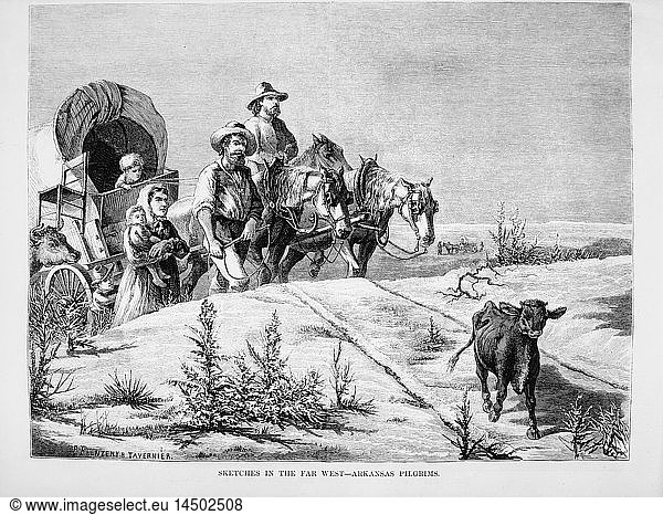 Family and Wagon Caravan  Sketches in the Far West - Arkansas Pilgrims  Illustration  Harper's Weekly  1874