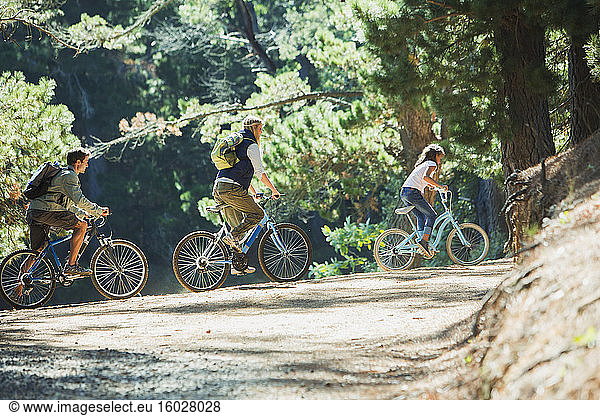 Family bike ridings in woods