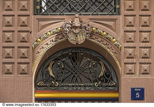 Family coat of arms of the builder on the portal  reconstructed Renaissance half-timbered house  Goldene Waage coffee house  New Frankfurt Old Town  Dom-Römer district  Frankfurt am Main  Hesse  Germany  Europe