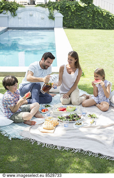 Family enjoying picnic in backyard