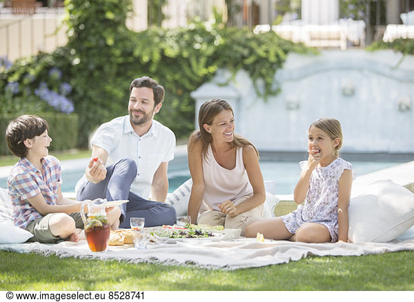 Family enjoying picnic in grass