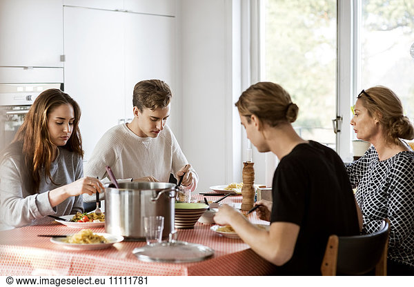Family having meal at dining table