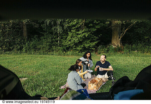Family having snacks while sitting on grass at park seen through car trunk